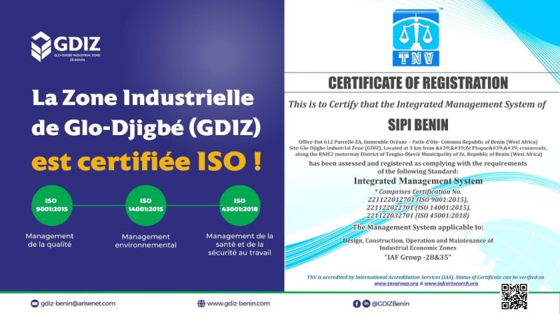 GDIZ: La Société d’Investissement et de la Promotion de l’Industrie (SIPI-Bénin S.A.) obtient trois certifications